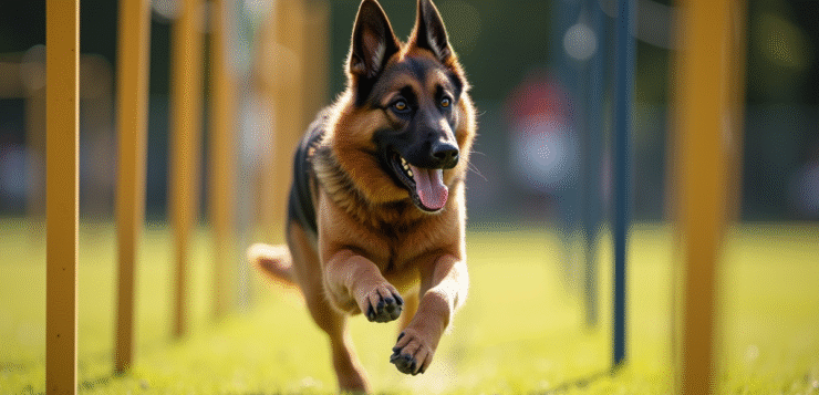 Chien belge d'agilité sautant entre les piquets en plein air