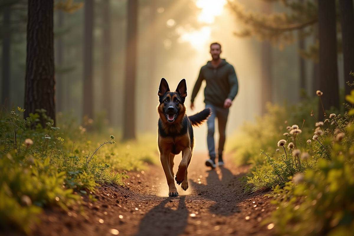 Chien belge courant avec son propriétaire en forêt au matin