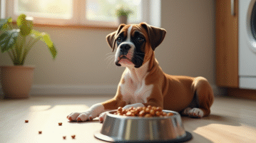 Chiot boxer assis dans la cuisine regardant sa gamelle