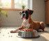 Chiot boxer assis dans la cuisine regardant sa gamelle