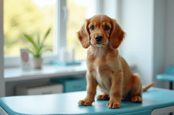 Chiot cocker spaniel assis sur une table de vétérinaire