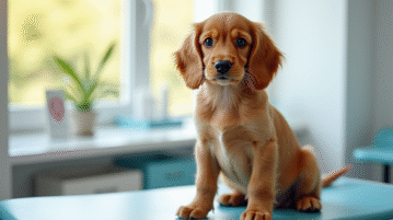 Chiot cocker spaniel assis sur une table de vétérinaire