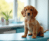 Chiot cocker spaniel assis sur une table de vétérinaire