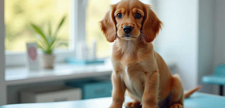 Chiot cocker spaniel assis sur une table de vétérinaire