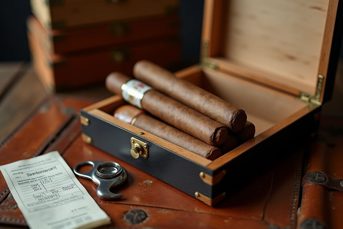 Arrangement de cigares premium sur une boîte en bois vintage avec un coupe-cigare argenté et un reçu d'achat malin posés sur un bureau en cuir vieilli