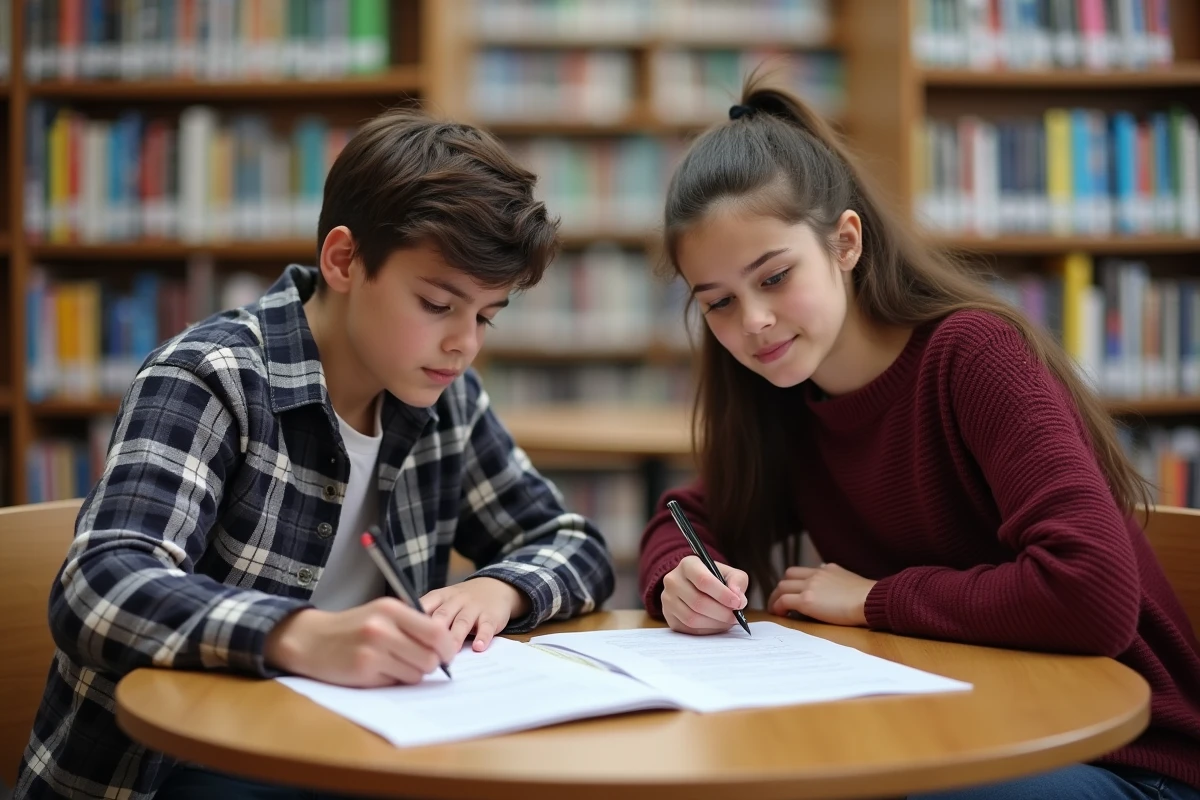 Deux élèves collaborant discrètement sur un projet de délégué de classe en bibliothèque scolaire