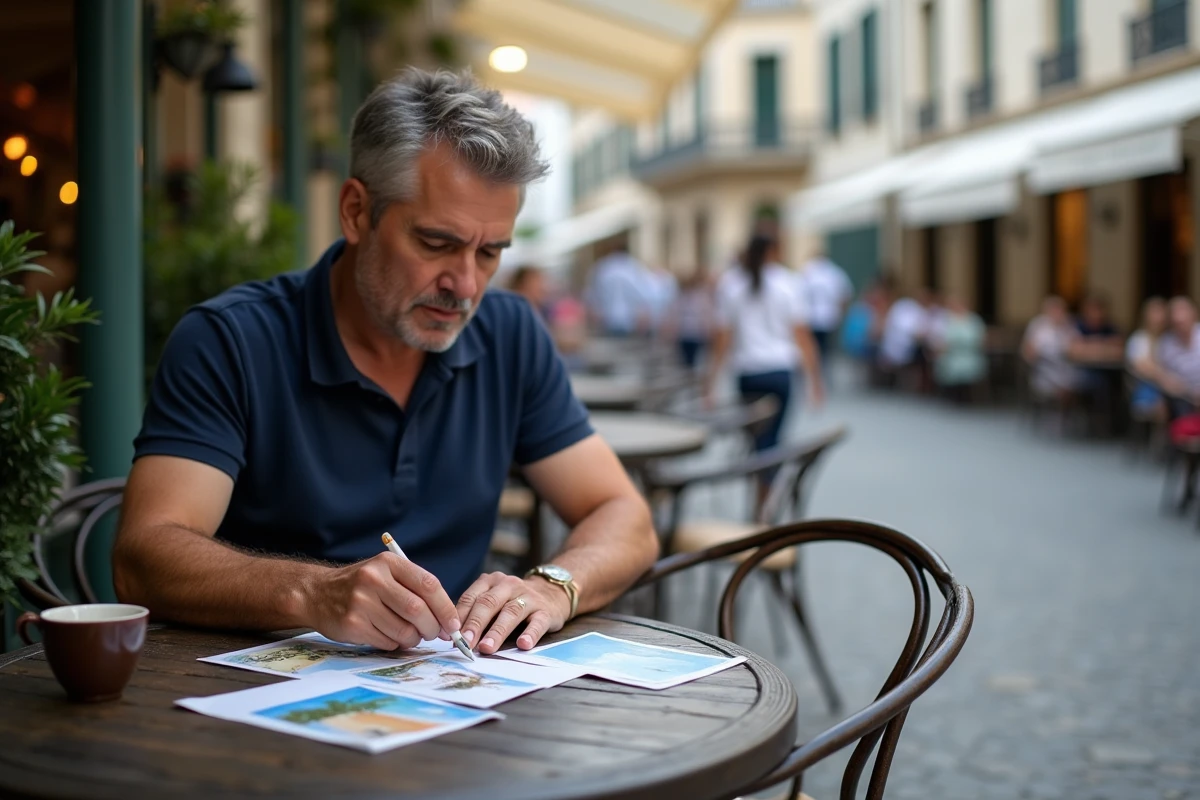 Homme plaçant un timbre sur des cartes postales de vacances dans un café en bord de mer