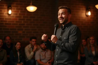 Comédien de stand-up sur scène dans un club de comédie intime, illustrant la différence entre humour noir et humour trash