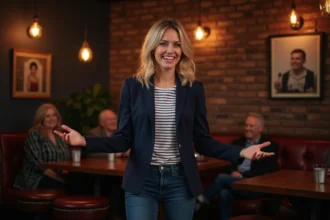 Femme humoriste souriante sur scène dans un club de comédie