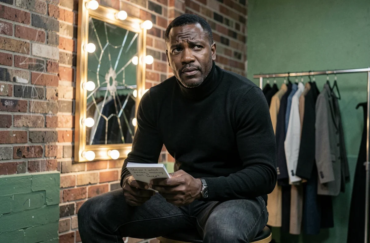 Comédien noir en coulisses dans une loge avec carnet de notes, ambiance authentique et introspective avant le spectacle