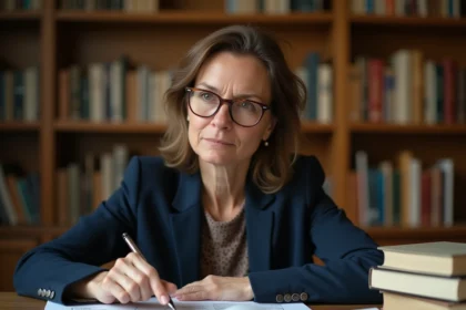 Femme enseignante expliquant un concept paradigmatique entourée de livres dans une bibliothèque universitaire