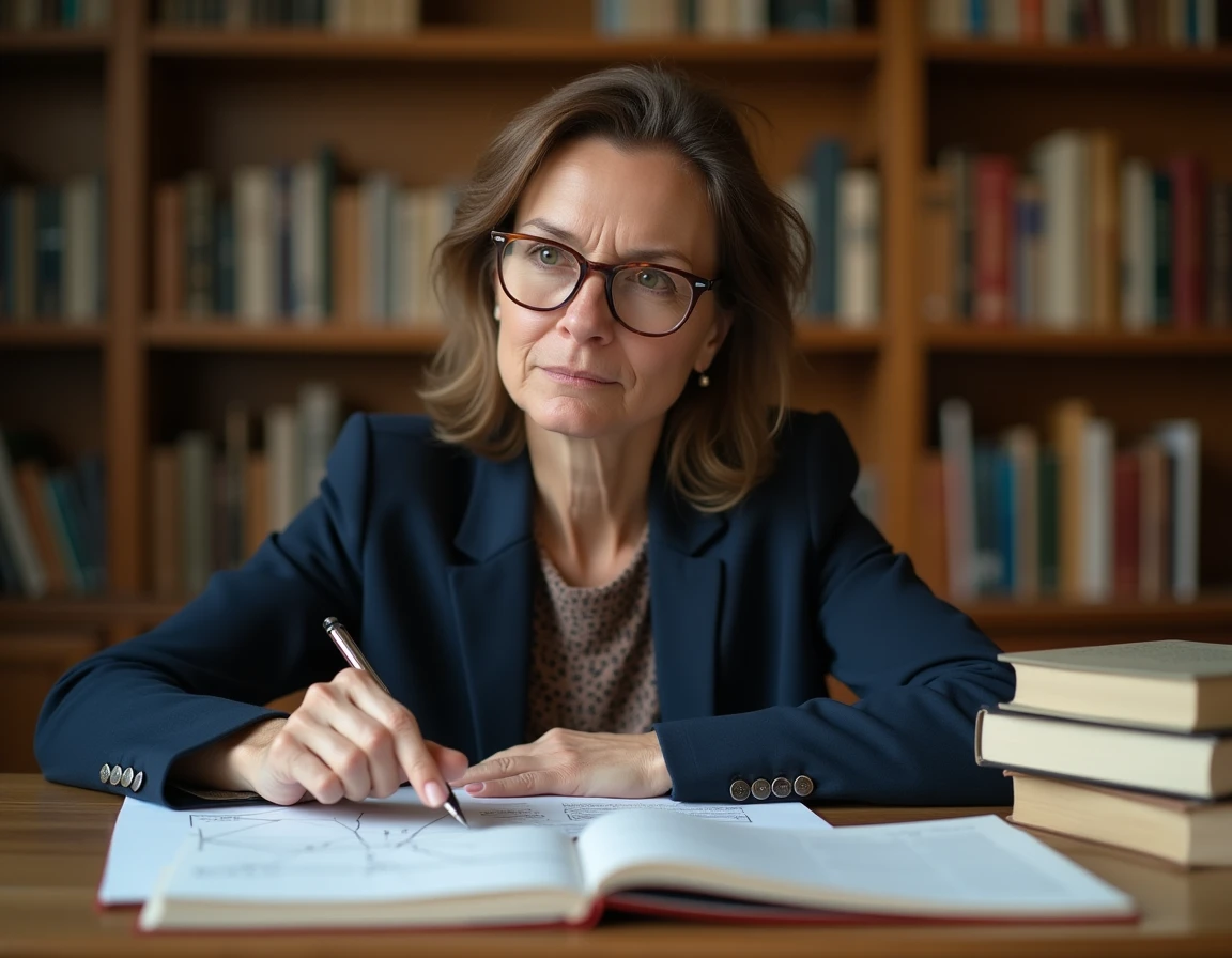Femme enseignante expliquant un concept paradigmatique entourée de livres dans une bibliothèque universitaire