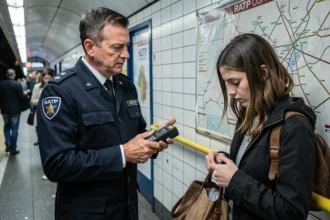 Contrôleur RATP vérifiant le titre de transport d'une passagère dans le métro parisien