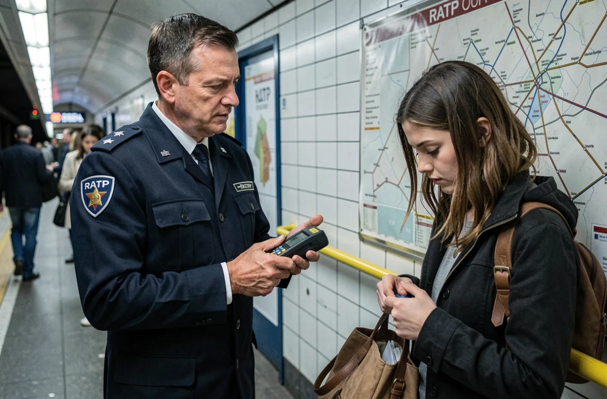 Contrôleur RATP vérifiant le titre de transport d'une passagère dans le métro parisien