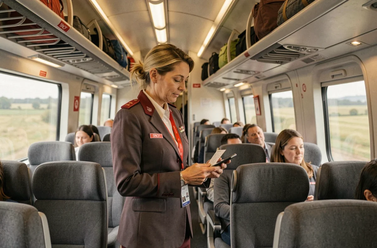 Contrôleuse SNCF vérifiant un billet électronique à bord d'un TGV en mouvement
