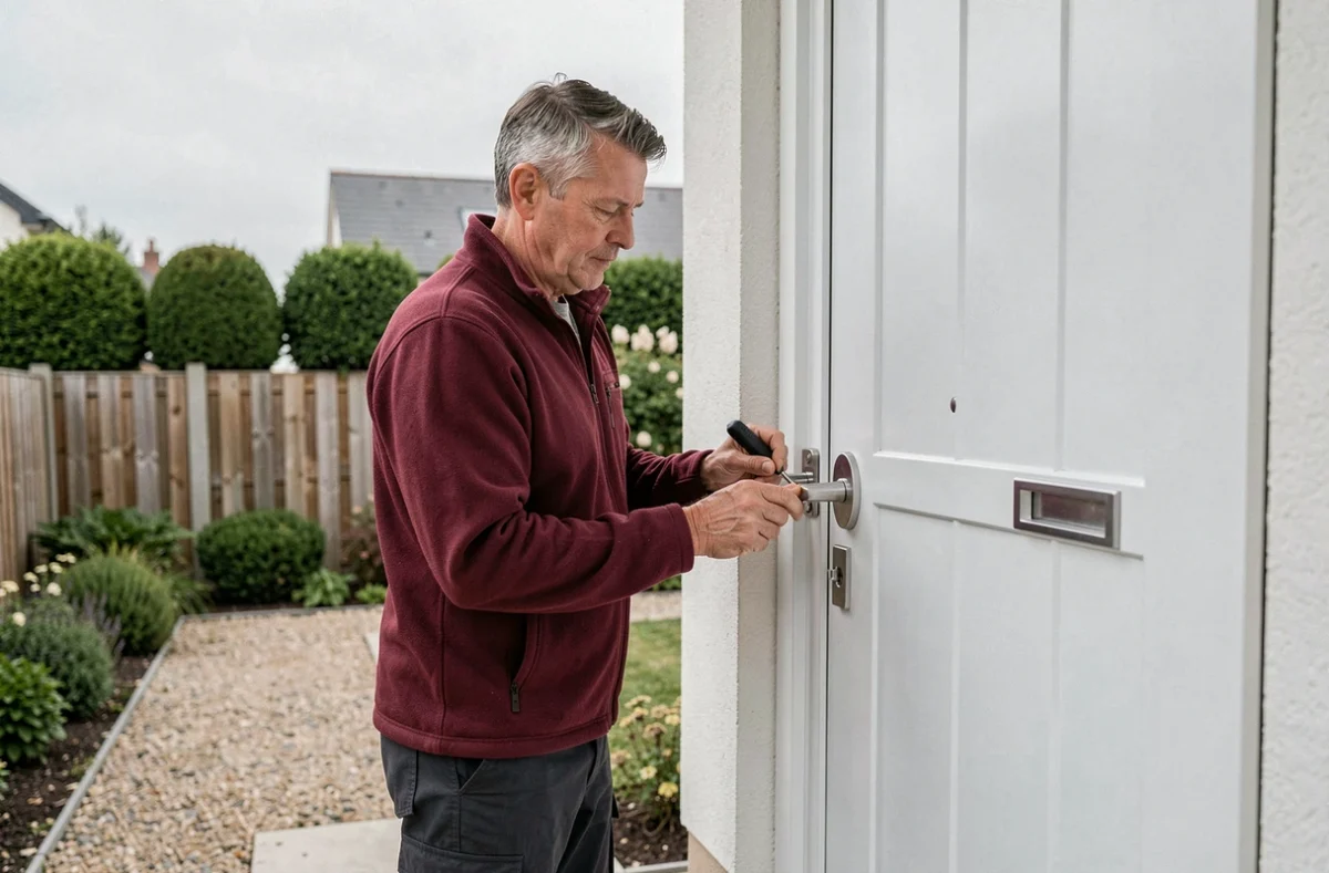 Coudert Jean-Michel installant un système de verrouillage multipoints sur une porte PVC d'un pavillon dans l'Yonne