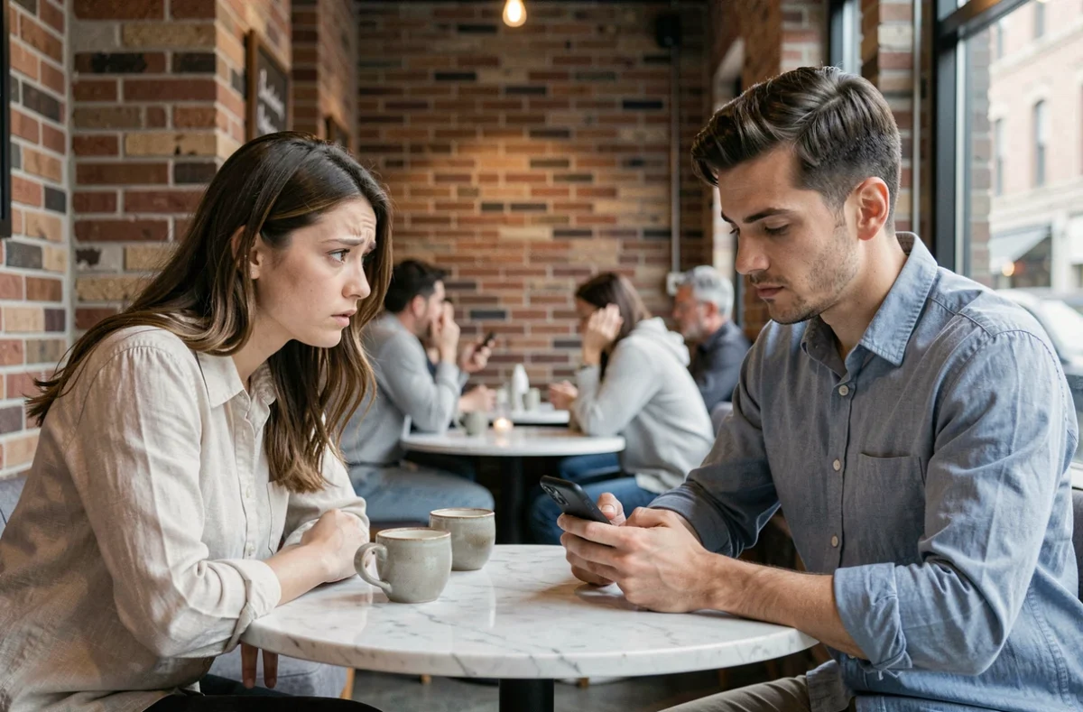 Couple dans un café, femme anxieuse observant son partenaire distrait par son téléphone, illustrant le doute amoureux