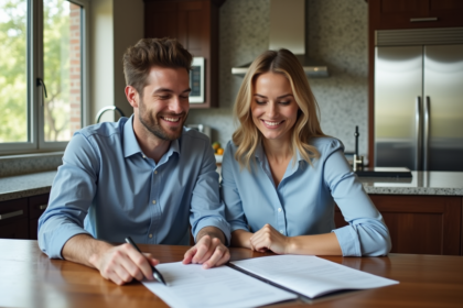 Jeune couple regardant des documents de prêt immobilier