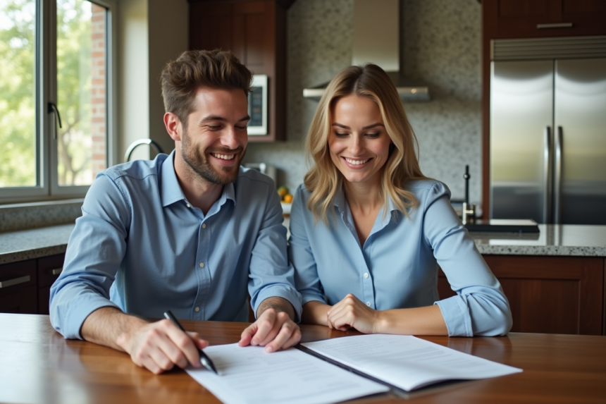Jeune couple regardant des documents de prêt immobilier