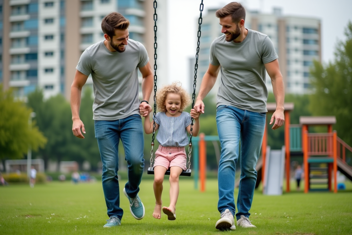 Couple gay jouant avec leur fille dans un parc urbain
