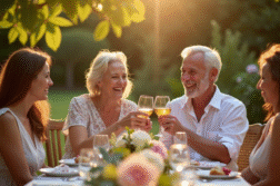 Couple joyeux trinquant lors d'une fête dans un jardin