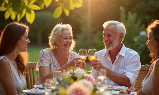 Couple joyeux trinquant lors d'une fête dans un jardin