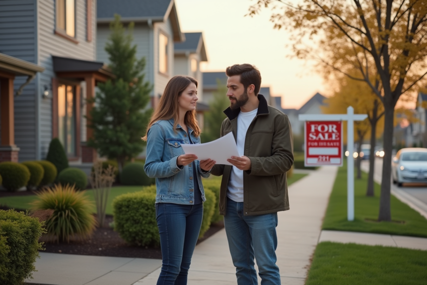 Couple regardant documents devant une maison à vendre