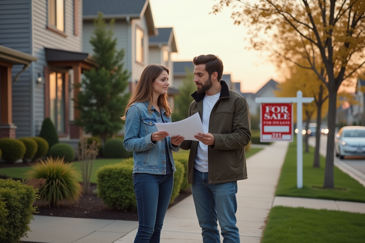 Couple regardant documents devant une maison à vendre
