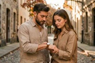 Couple regardant une montre affichant 10h10 dans une rue pavée en automne, symbolisant la signification spirituelle de la flamme jumelle