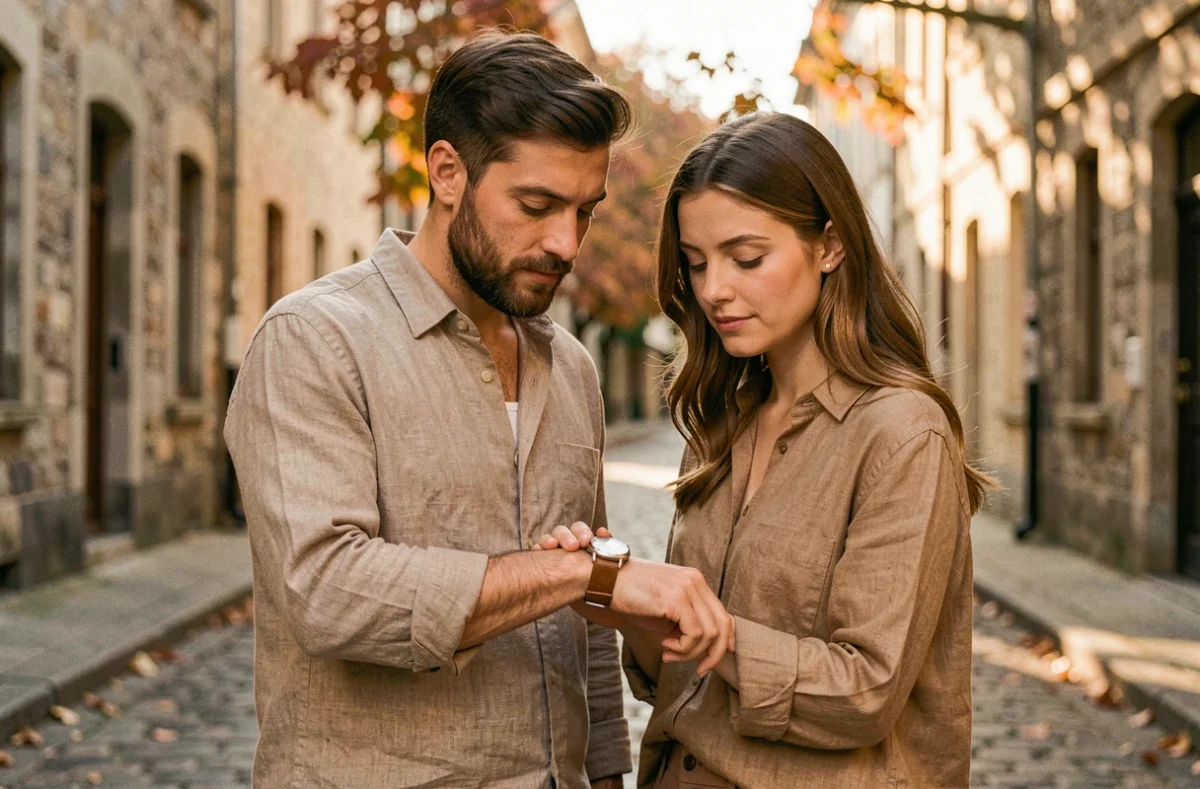 Couple regardant une montre affichant 10h10 dans une rue pavée en automne, symbolisant la signification spirituelle de la flamme jumelle