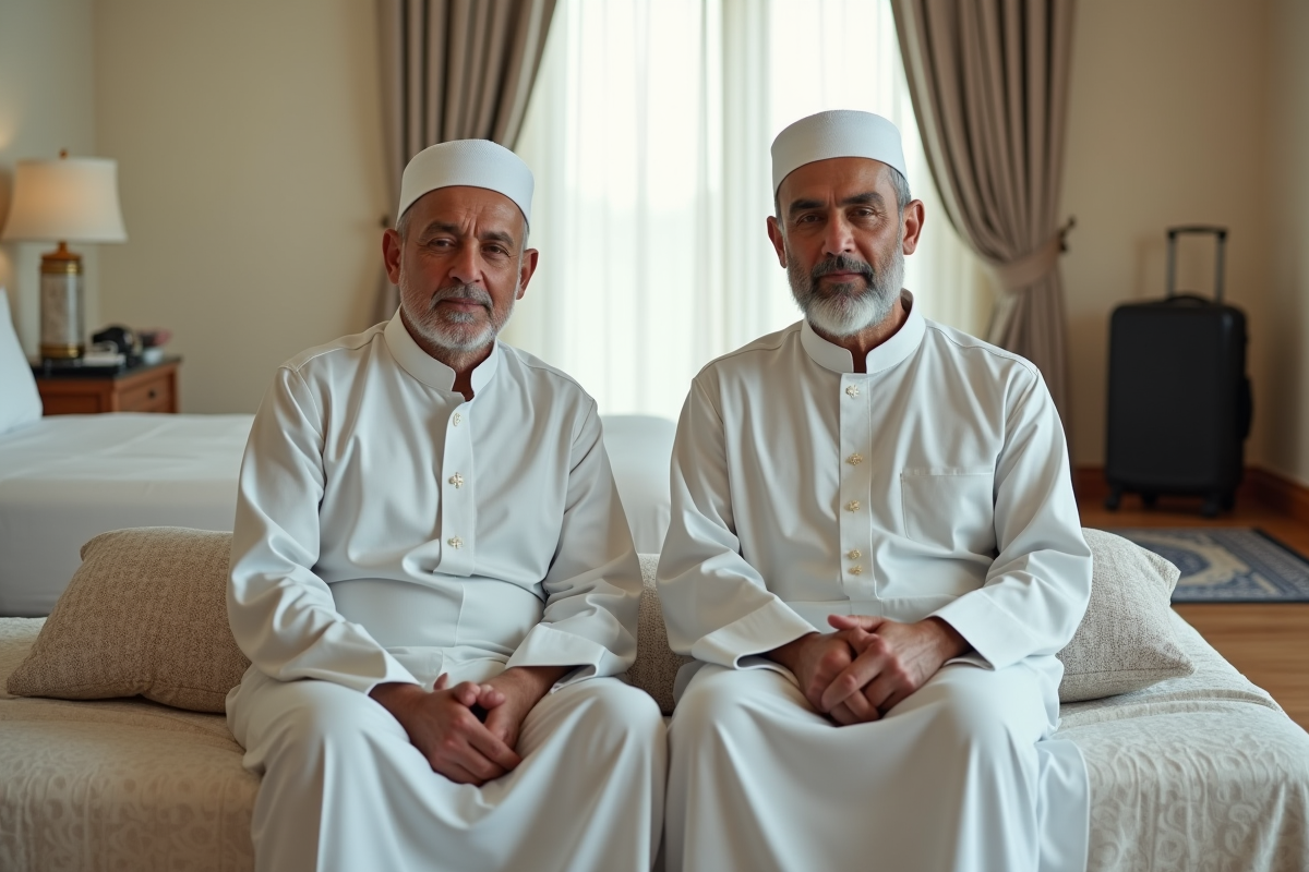 Couple musulman en ihram dans une chambre de hôtel à La Mecque