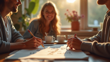 Couple souriant lors d'un petit déjeuner intime symbolisant 7 ans d'amour
