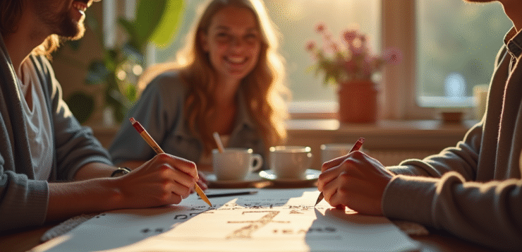 Couple souriant lors d'un petit déjeuner intime symbolisant 7 ans d'amour