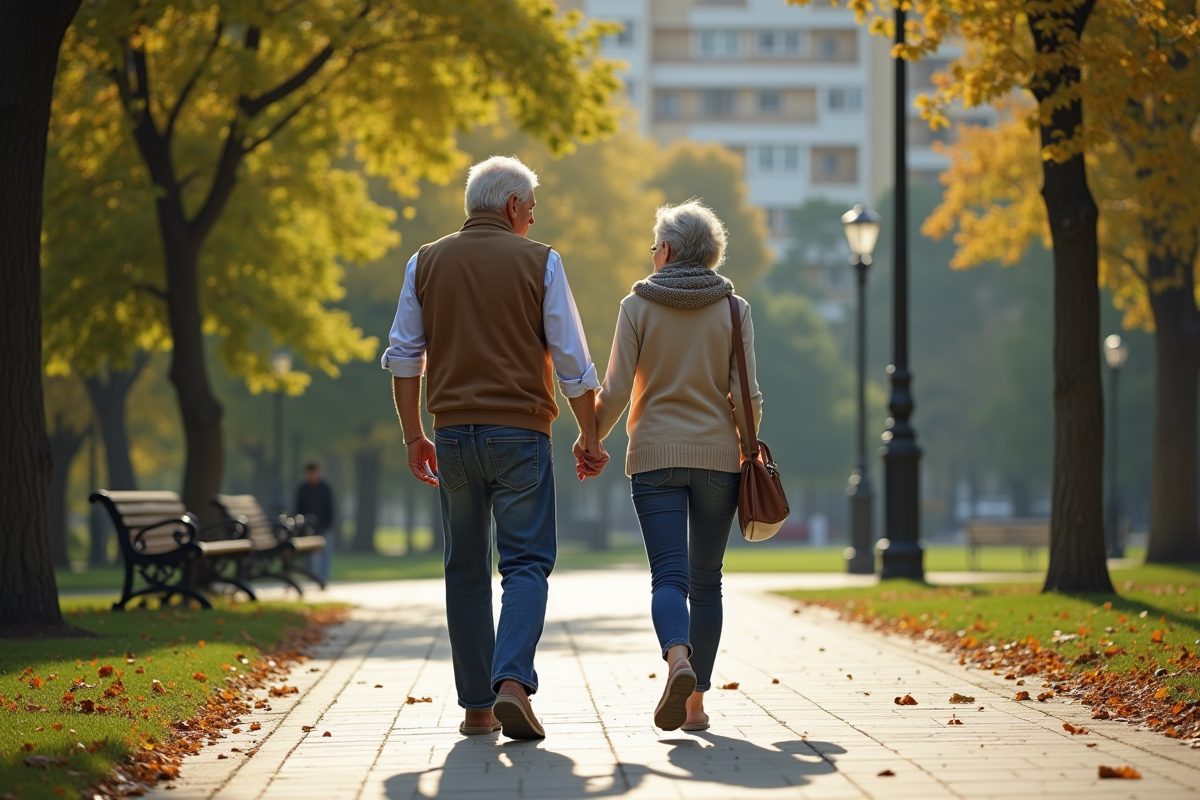 Couple retraité se promenant dans un parc ensoleille