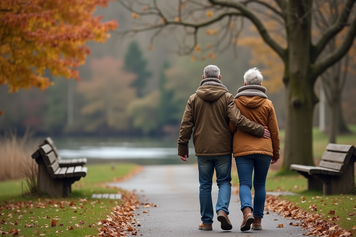 Couple retraité marchant au bord de la rivière en automne