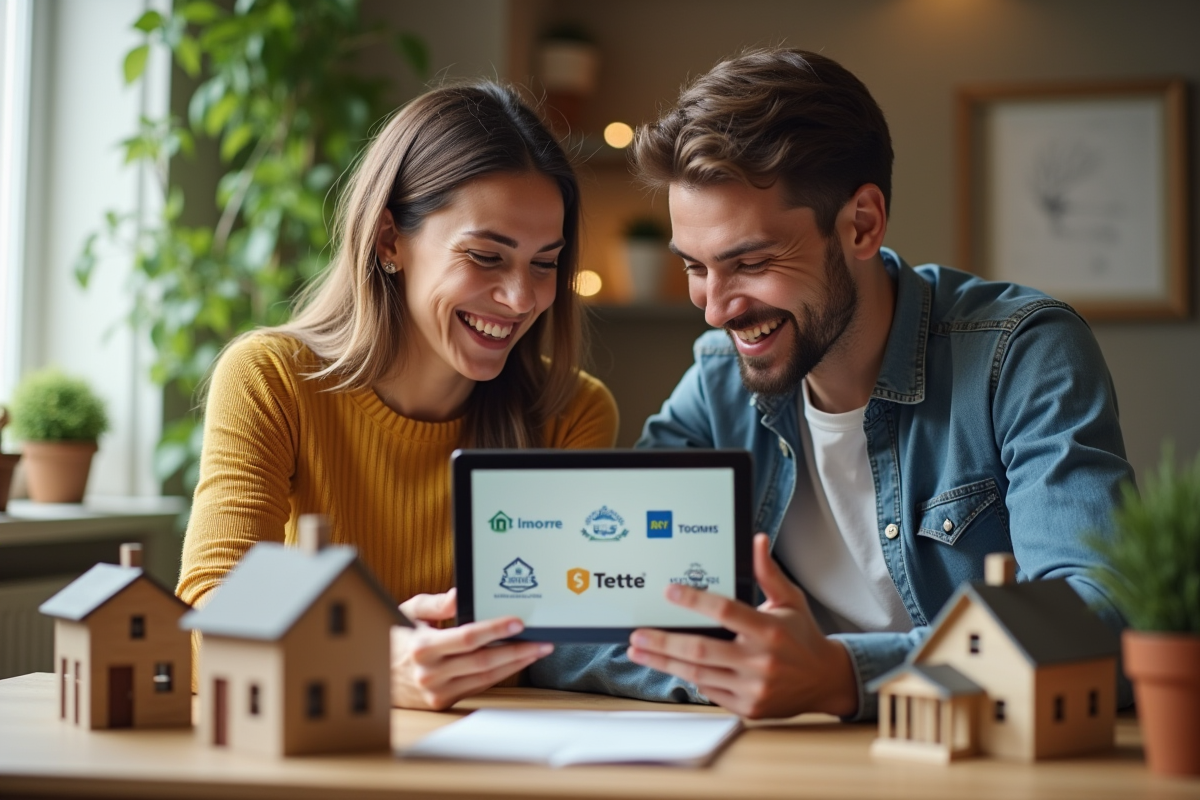 Couple heureux regardant un tablette avec logos de sites immobiliers