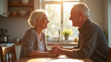 Couple d'âge moyen souriant à la cuisine en lumière naturelle