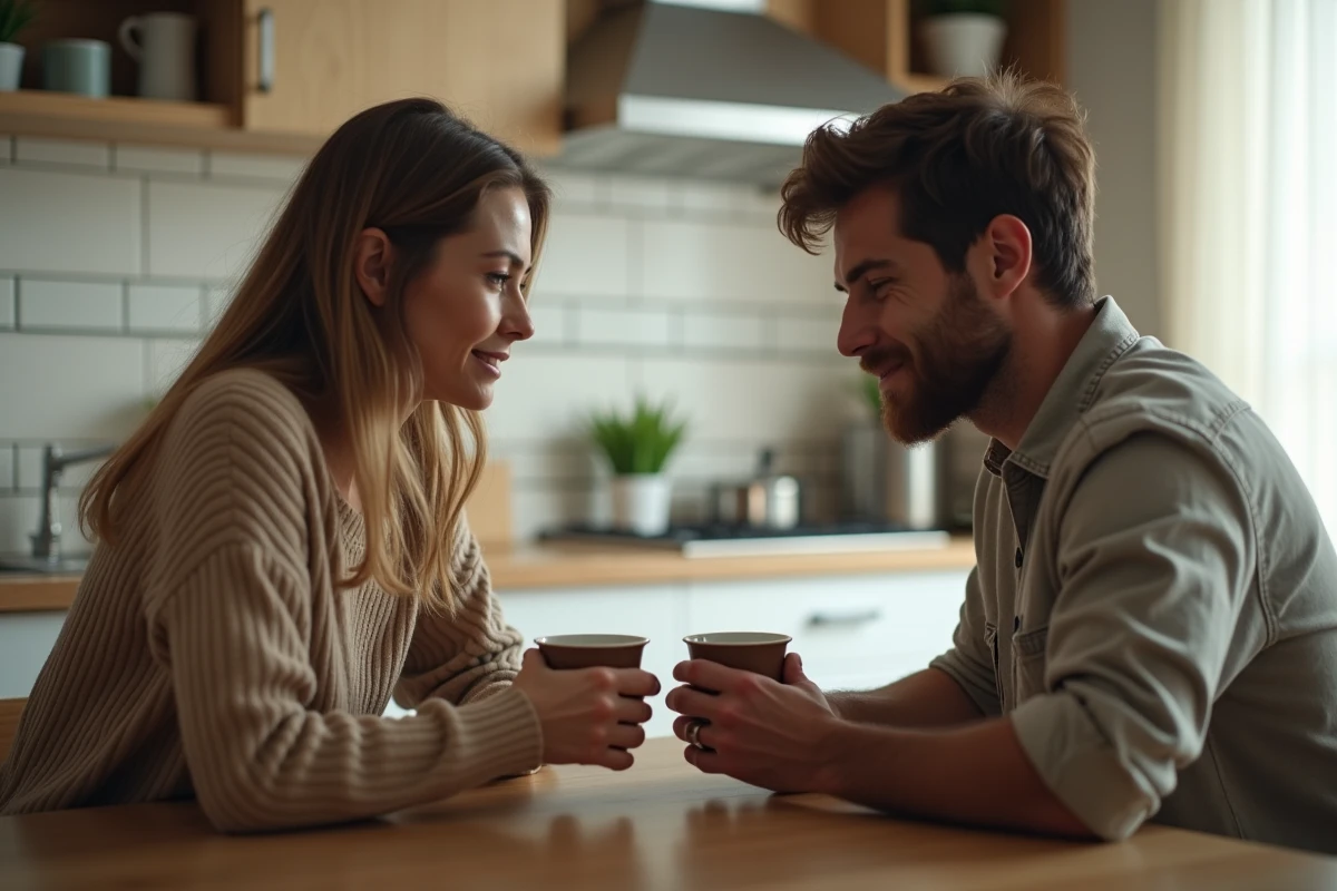 Couple en silence à la table de cuisine, atmosphère de tension émotionnelle liée à l'anxiété et aux rêves