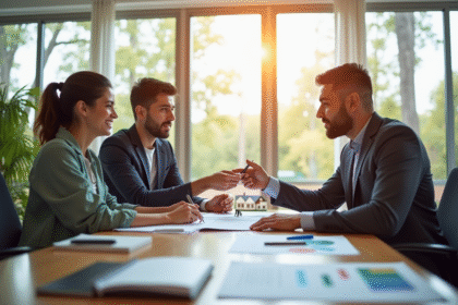 Courtier en prêt immobilier remettant un contrat à un jeune couple