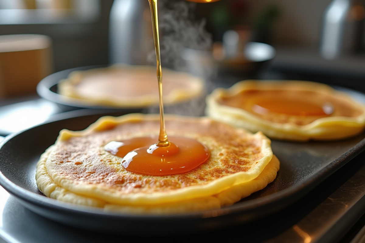 Crepes fraîches avec sirop sur un plan de cuisine moderne