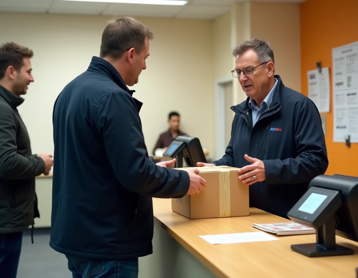 Homme déposant un colis de retour au comptoir d'un bureau de poste