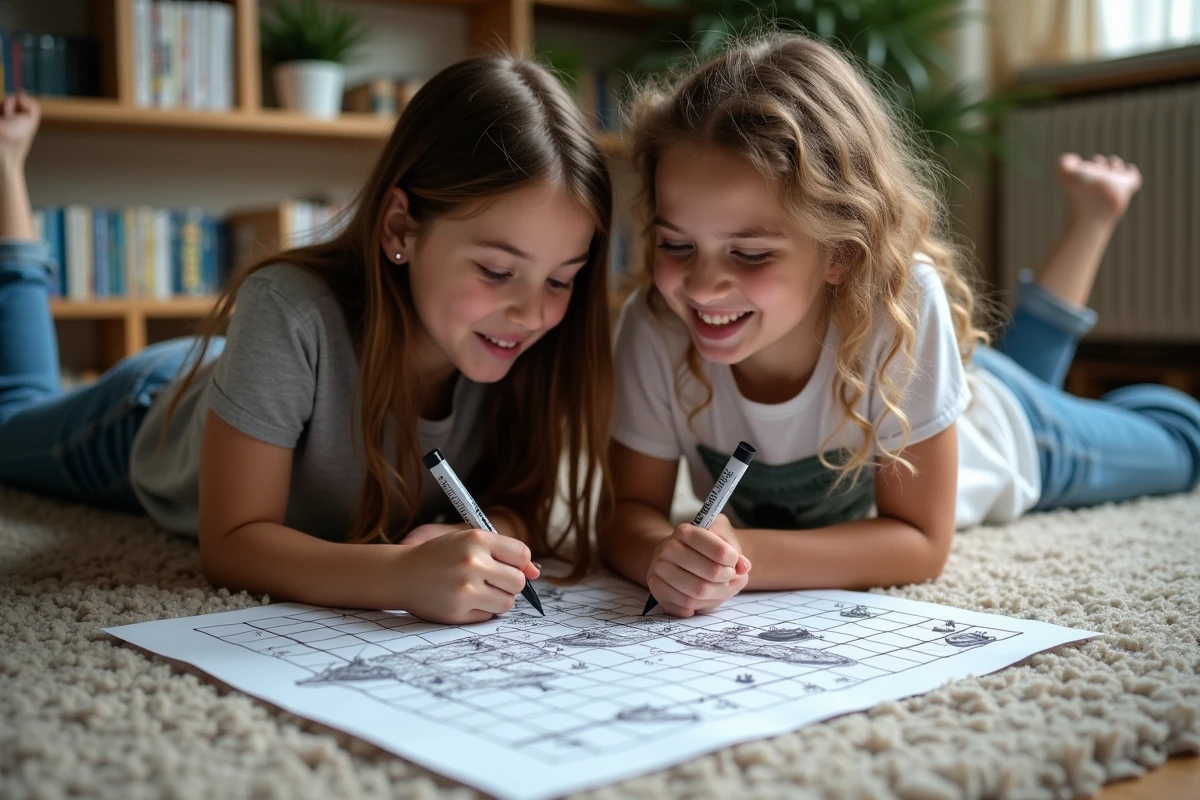 Deux adolescentes dessinent des navires sur une grille de jeu