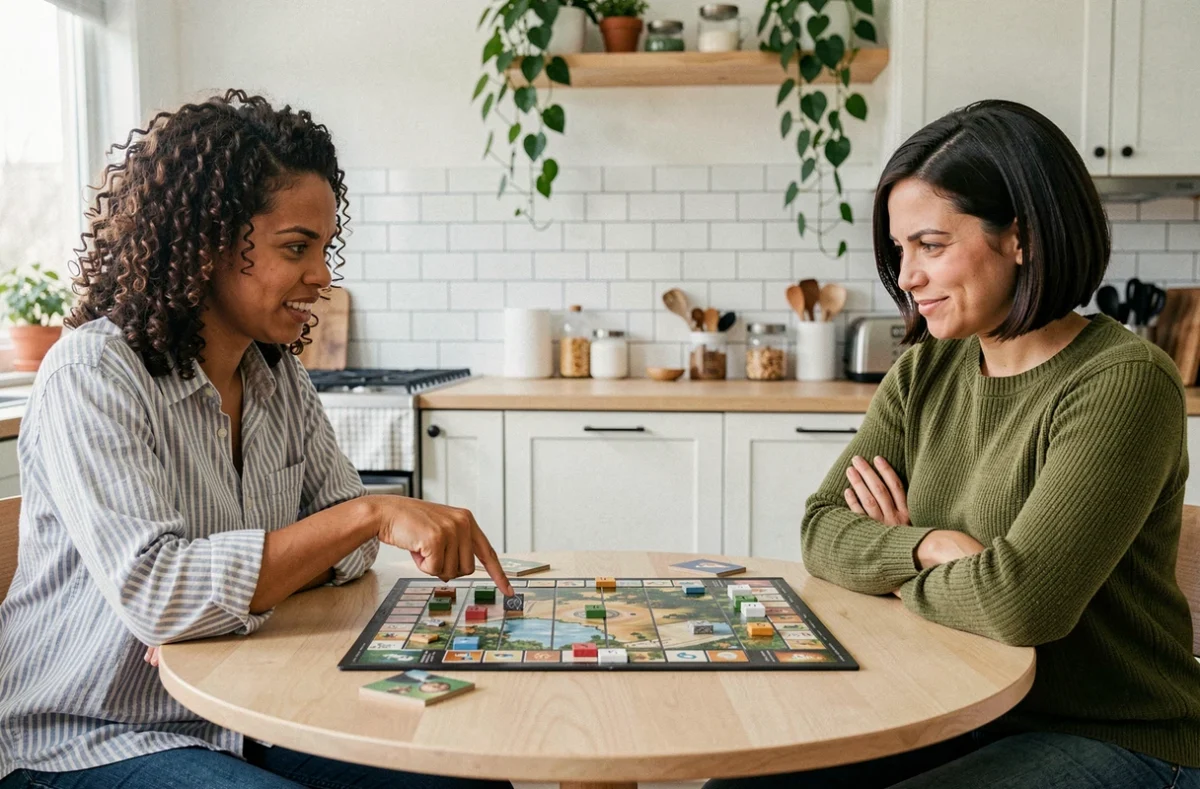 Deux femmes jouant à un jeu de société de stratégie compétitif, échangeant des conseils pour s'améliorer