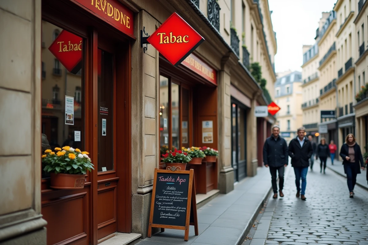 Devanture authentique d'un bureau de tabac français avec enseigne rouge losange dans une rue de quartier