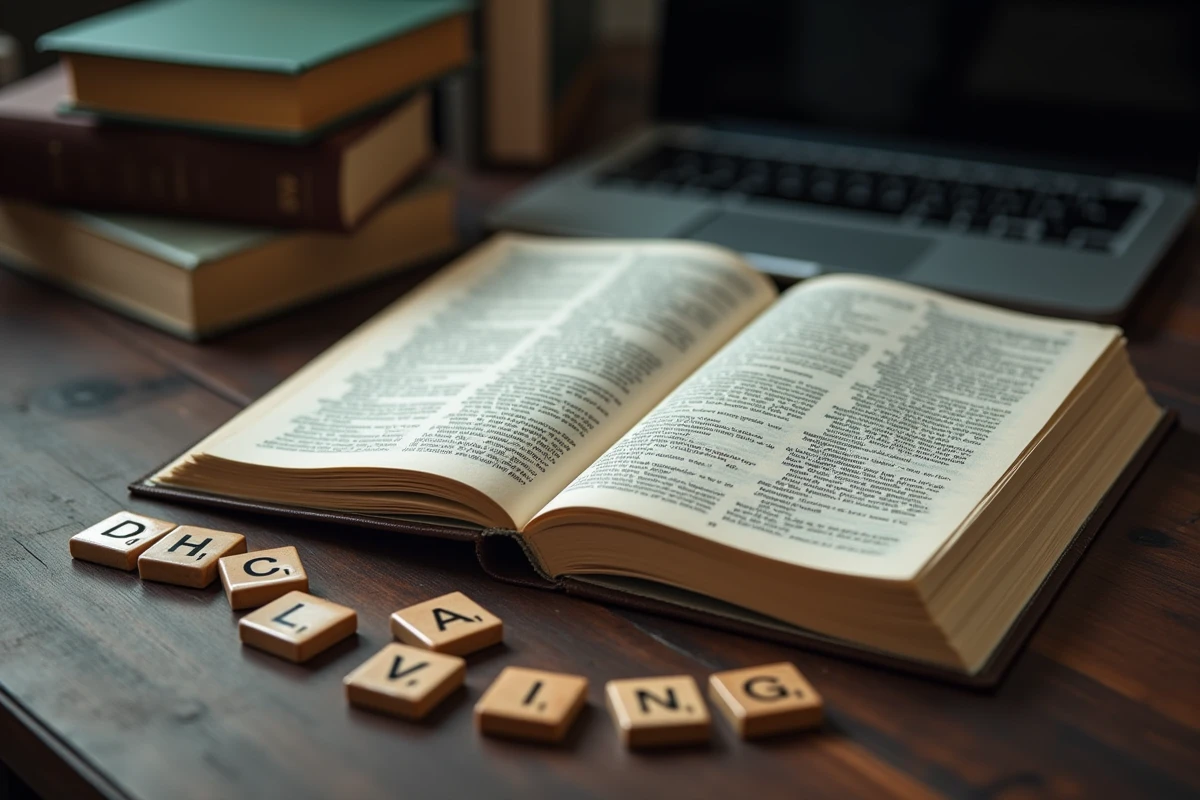 Dictionnaire du Scrabble ouvert avec des lettres éparpillées sur un bureau, représentant la recherche de mots anglais autorisés selon les règles ACE 2026