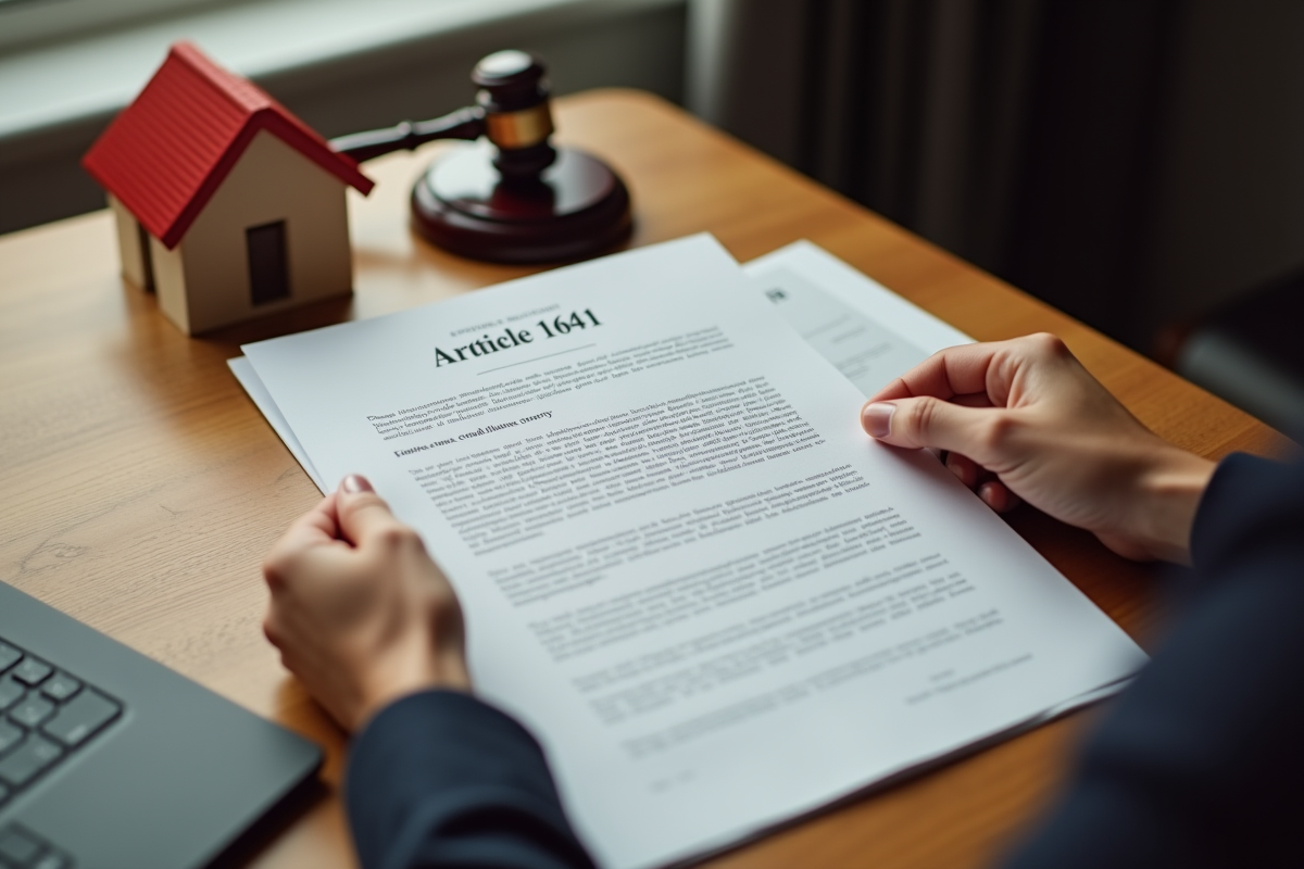Mains tenant un document juridique français avec une maille de juge et une maison
