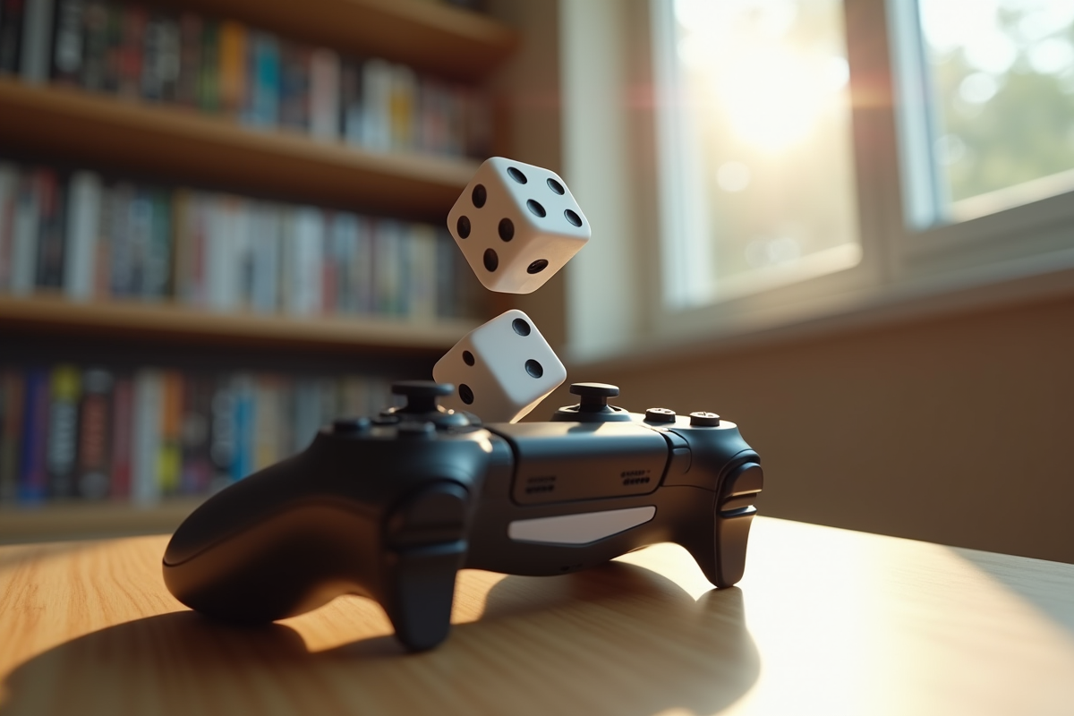 Dés tombant sur une manette de jeu vidéo en gros plan