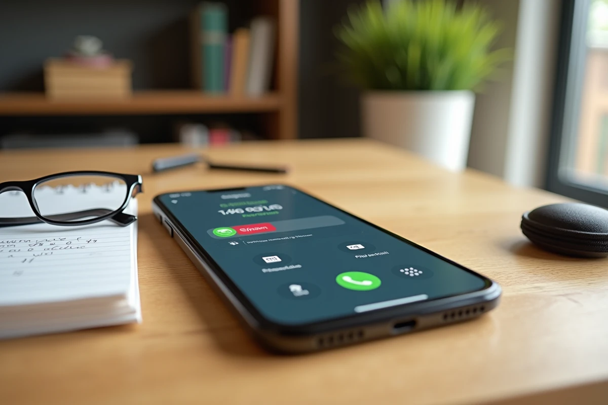 Gros plan d'un écran de smartphone affichant un avertissement spam sur un numéro de téléphone signalé