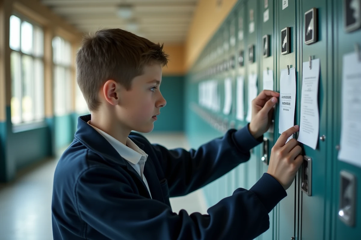 Élève timide affichant une proposition de projet sur le tableau d'affichage du couloir scolaire