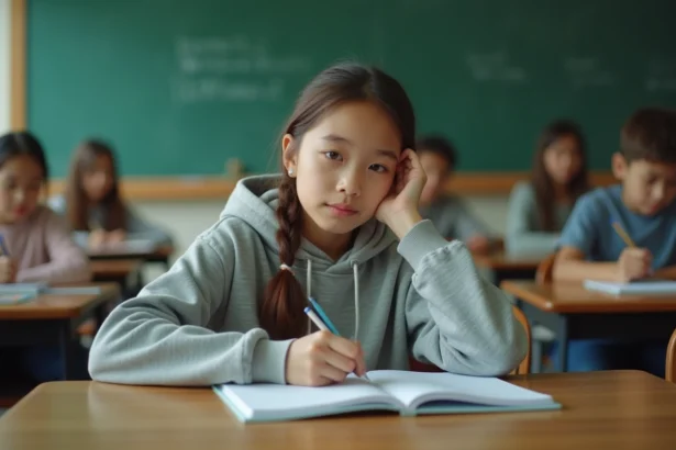 Jeune élève timide écrivant ses idées de délégué de classe dans un carnet scolaire